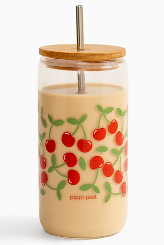 Cherries Glass Can with Straw
