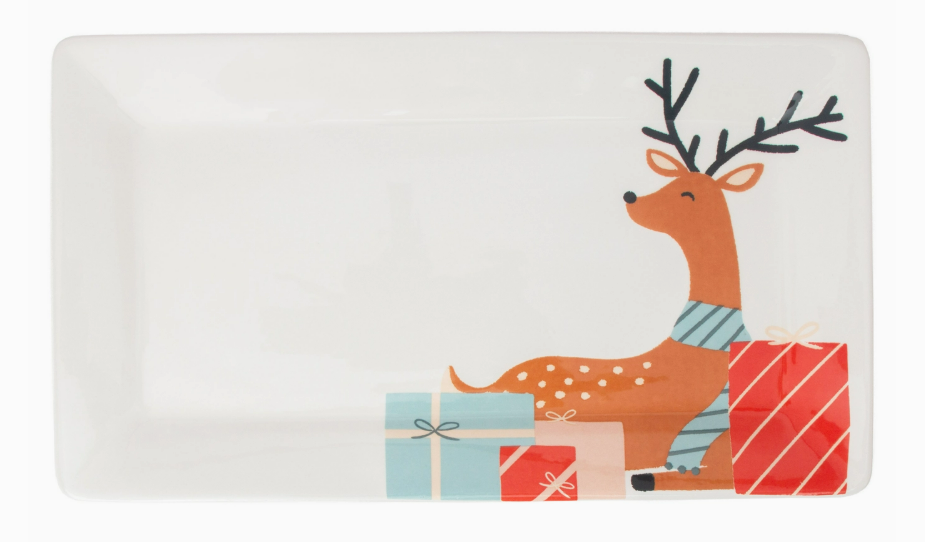 Ceramic serving platter with a reindeer and gift boxes design on a white background