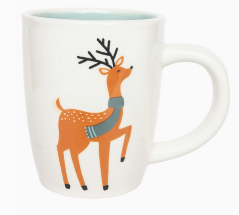12 oz Mug with a reindeer design wearing a gray scarf