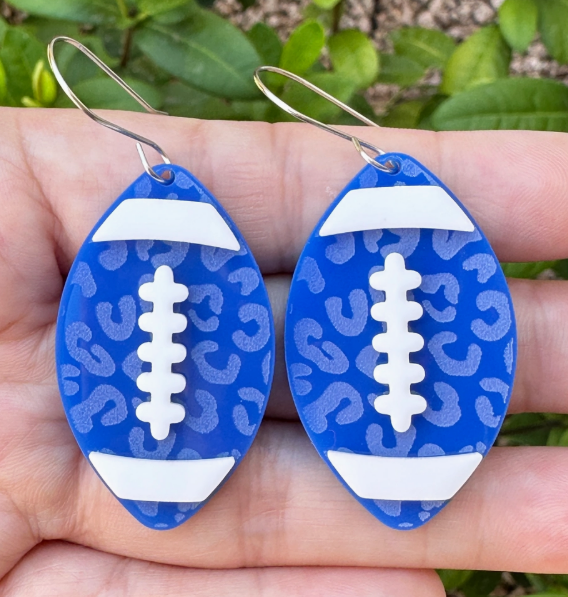Blue & White Leopard Football Earrings