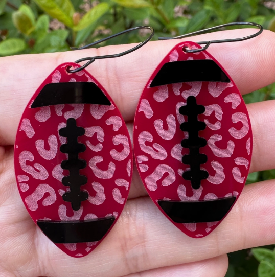 Maroon & Black Leopard Football Earrings