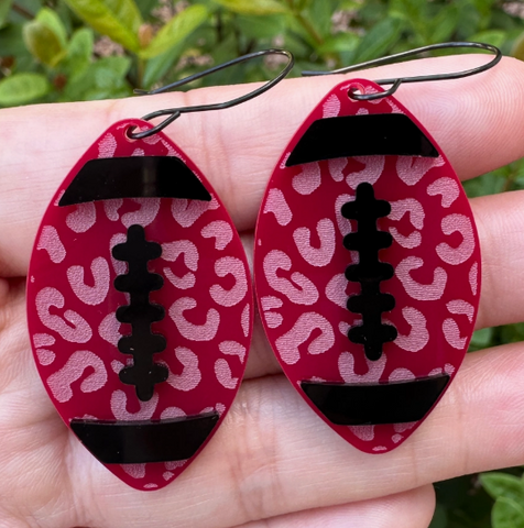 Maroon & Black Leopard Football Earrings