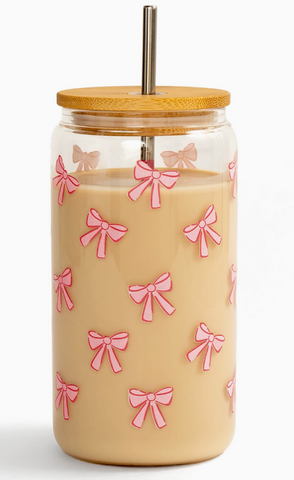Pink Coquette Bows Glass Can