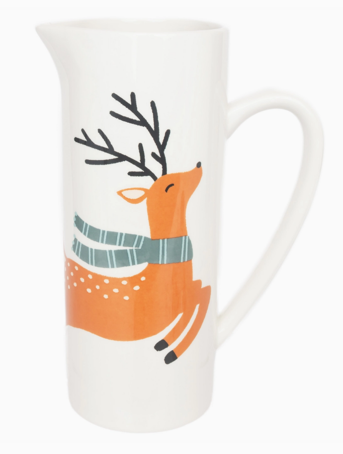 White ceramic 40oz pitcher with a reindeer design wearing a scarf 