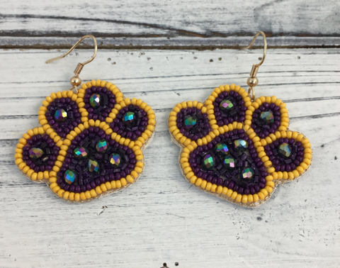Beaded Paw Earrings Purple and Gold