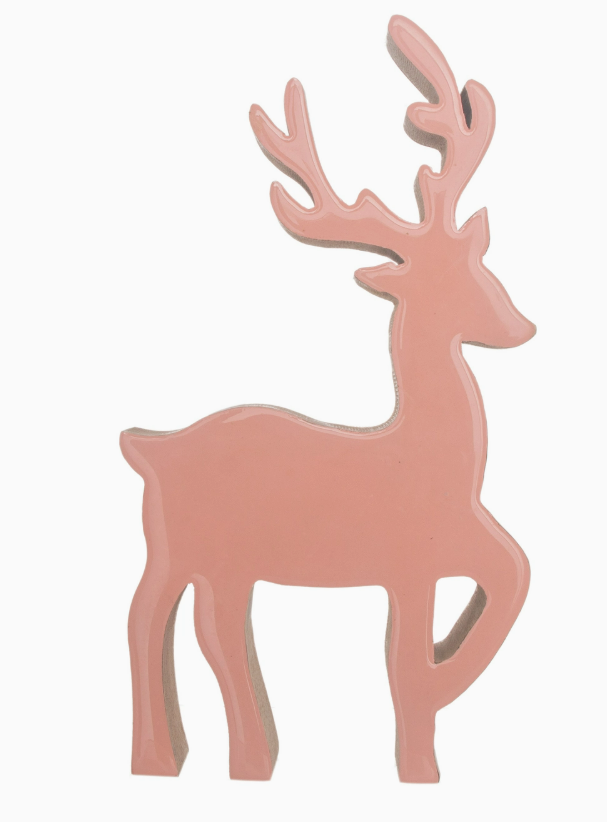 8" Pink deer-shaped wood seasonal decor