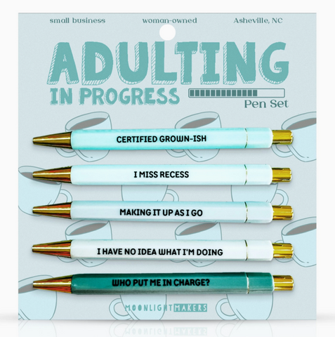 Pen set with humorous phrases on packaging labeled 'Adulting in Progress'.