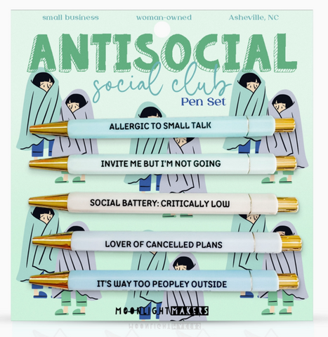 Antisocial Social Club Pen set with humorous phrases