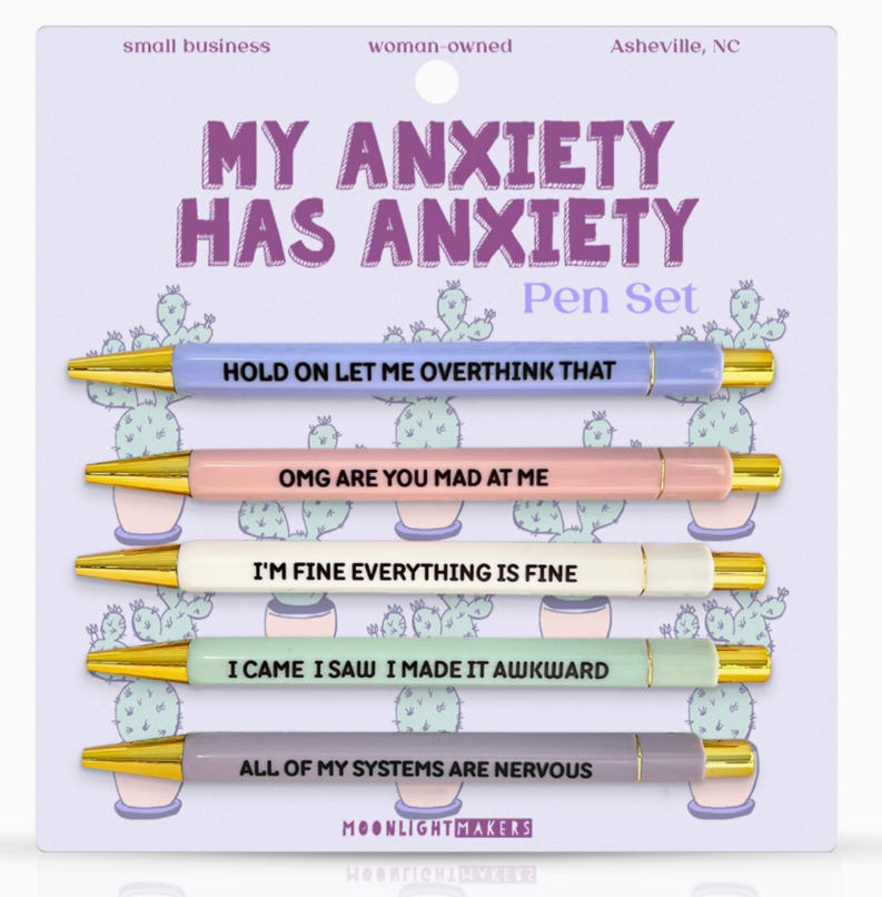 "My Anxiety Has Anxiety" Pen set packaging with matte multicolor gold tipped