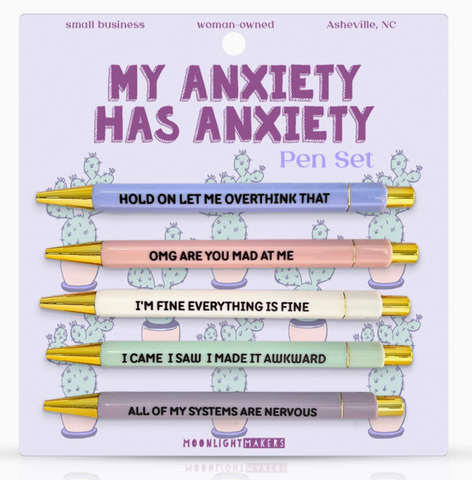 "My Anxiety Has Anxiety" Pen set packaging with matte multicolor gold tipped