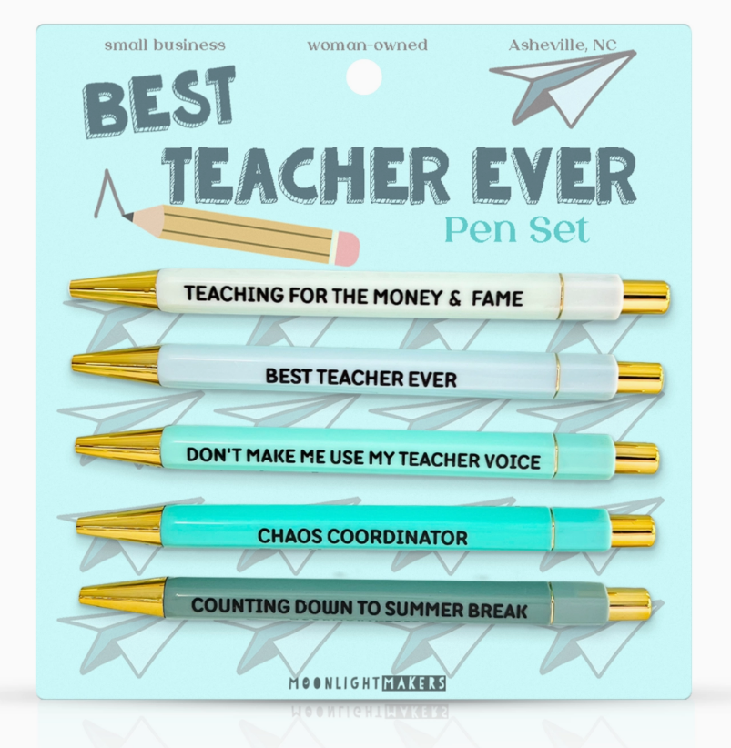 Pen set packaging with pens labeled 'Best Teacher Ever' shades of green