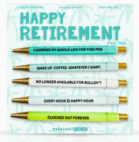"Happy Retirement" themed set of pens with humorous sayings shades of green gold-tipped
