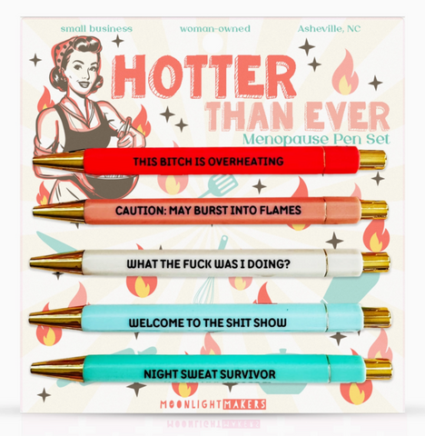 Menopause pen set with humorous and colorful retro-themed packaging.