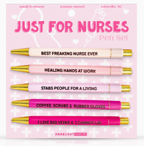 Set of pens with humorous text on a pink packaging labeled 'Just for Nurses'.