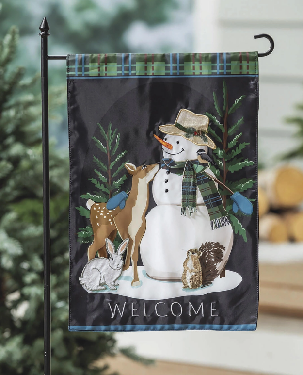 Decorative garden flag with a snowman and deer featuring the word 'WELCOME'.