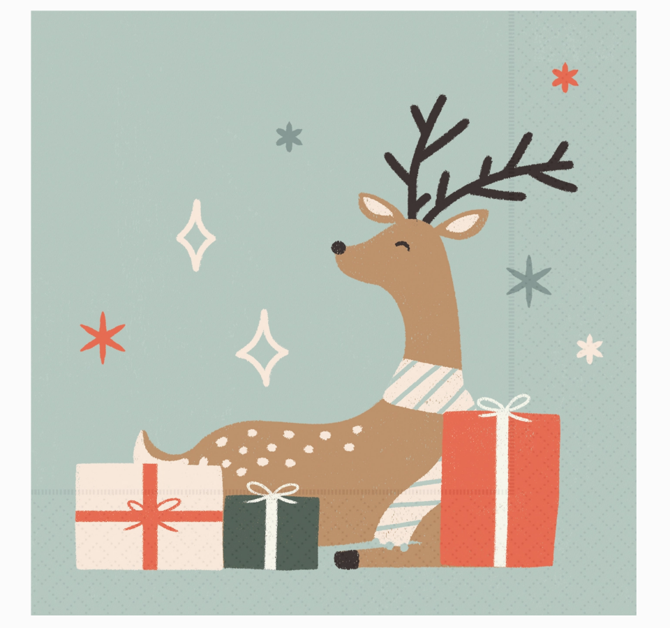 Holiday paper napkins deer with antlers surrounded by Christmas presents on a light blue background.