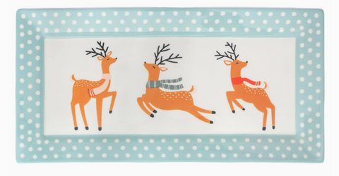 Ceramic serving platter seasonal dancing deer with polka dot background