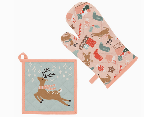 Set of oven mitt and pot holder with Christmas-themed designs on a white background