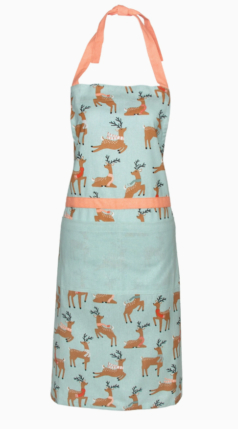 Apron with deer pattern and coral accents on a light blue background