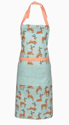 Apron with deer pattern and coral accents on a light blue background