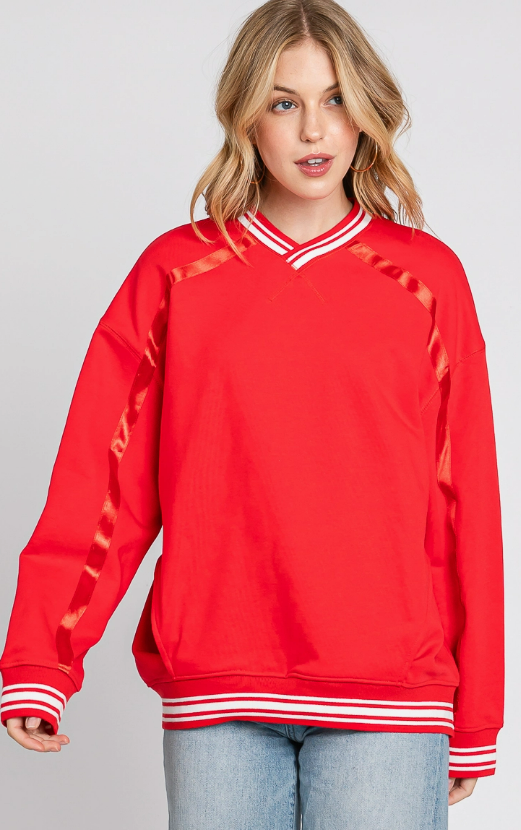 Red Striped Rib Pullover Sweatshirt