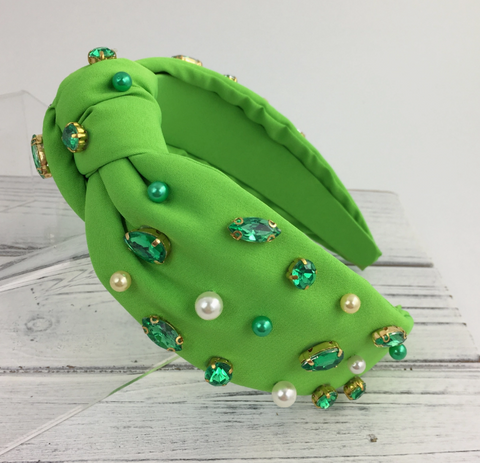 Lime Green Stone/Pearl Knotted Headband